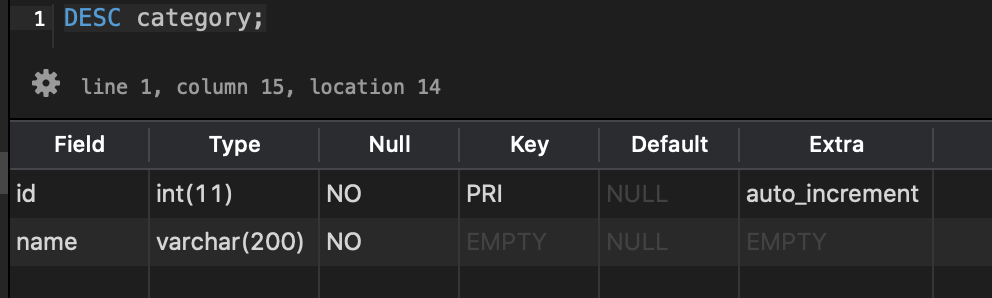 show structure table category in cleardb